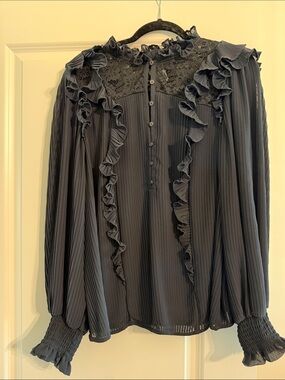 ANTHROPOLOGIE Women's Ruffled Lace Yoke Blouse - Black